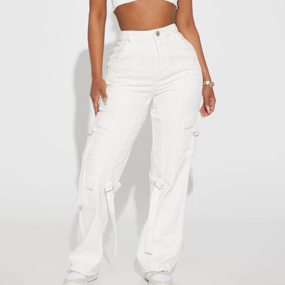Fashion Nova Out Of Time Non Stretch Cargo Jean - White - Picture 1 of 9